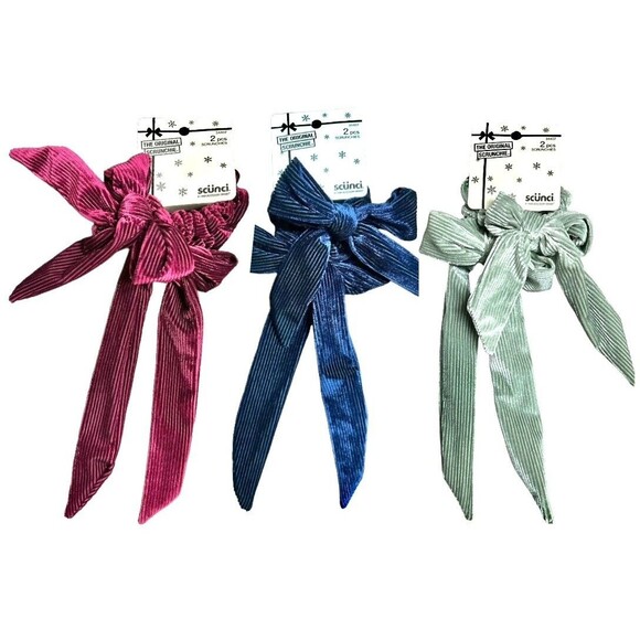 scunci Accessories - LOT OF 3 Scunci Scrunchies w/Bows 2PCS EA Hair Accessories Navy, Burgundy, Green